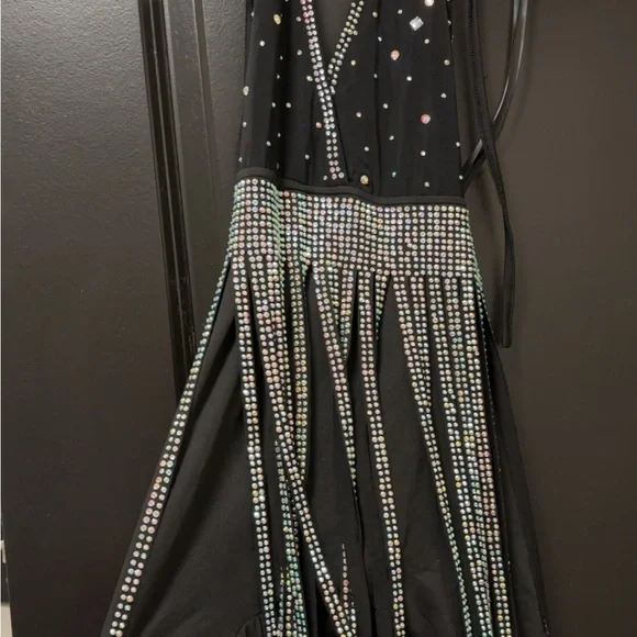 Sexy Black Rhinestone Fringe Halter Dress - Picture 3 of 4